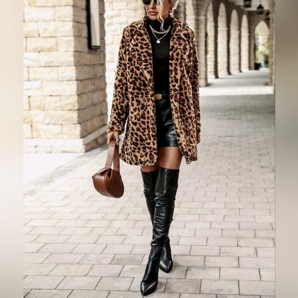 New Luxe Leopard Print Faux Fur Fluffy Coat Jacket Brown Black Tan - Picture 2 of 8
